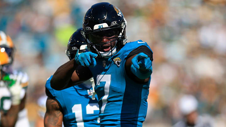 Jacksonville Jaguars wide receiver Brian Thomas Jr. (7) reacts to his first down pickup during the second quarter of an NFL football matchup Sunday, Oct. 27, 2024 at EverBank Stadium in Jacksonville, Fla. [Corey Perrine/Florida Times-Union]