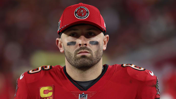 Jan 12, 2025; Tampa, Florida, USA; Tampa Bay Buccaneers quarterback Baker Mayfield (6) during the second quarter of a NFC wild card playoff against the Washington Commanders at Raymond James Stadium. Mandatory Credit: Kim Klement Neitzel-Imagn Images
