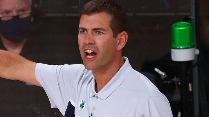 Sep 19, 2020; Lake Buena Vista, Florida, USA; Boston Celtics head coach Brad Stevens directs his team during the first half of game three of the Eastern Conference Finals of the 2020 NBA Playoffs against the Miami Heat at ESPN Wide World of Sports Complex. Mandatory Credit: Kim Klement-Imagn Images