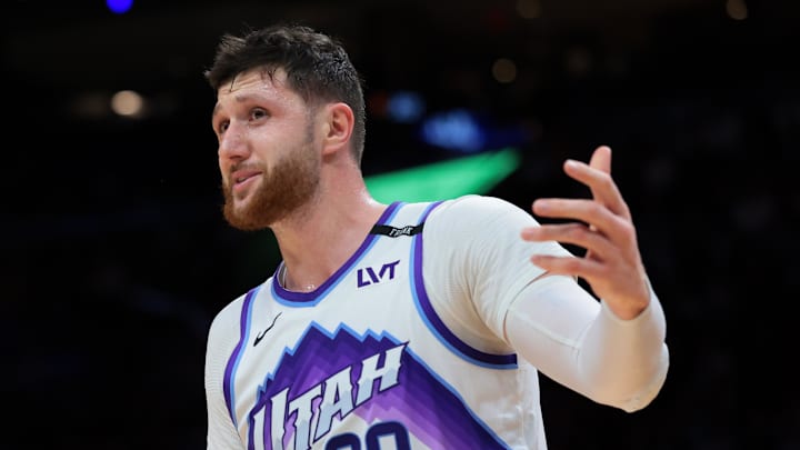 Feb 9, 2026; Miami, Florida, USA; Utah Jazz center Jusuf Nurkic (30) reacts against the Miami Heat during the second quarter at Kaseya Center. Mandatory Credit: Sam Navarro-Imagn Images