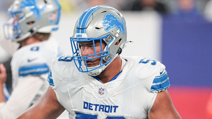 Detroit Lions OL Giovanni Manu (59) blocks during the second half against the New York Giants during NFL preseason