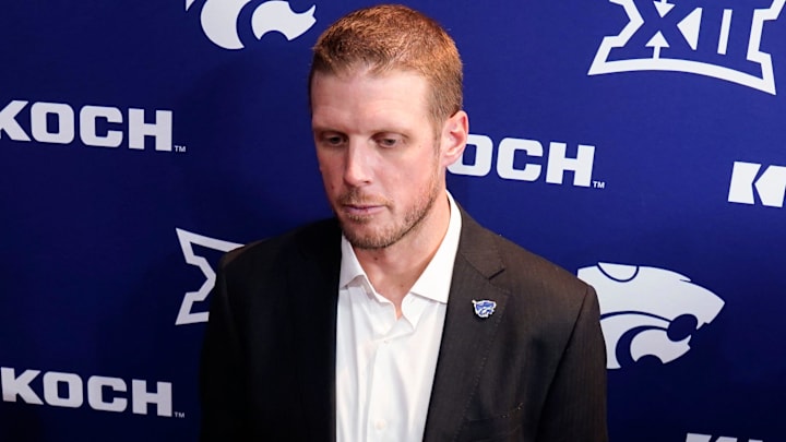 Kansas State new football coach Collin Klein takes questions from the media during his introduction ceremony at Morgan Family Arena on Dec. 5, 2025.