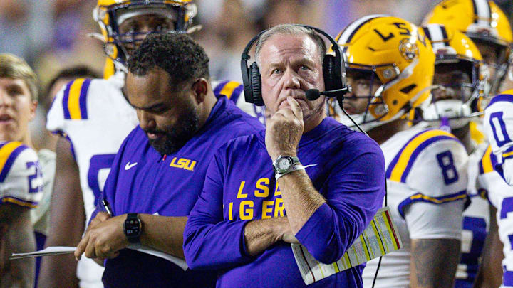 Oct 11, 2025; Baton Rouge, Louisiana, USA;  LSU Tigers head coach Brian Kelly looks on against the South Carolina Gamecocks during the first half at Tiger Stadium. Mandatory Credit: Stephen Lew-Imagn Images