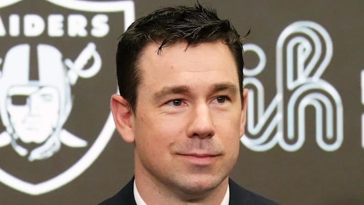 Feb 10, 2026; Henderson, NV, USA; Las Vegas Raiders coach Klint Kubiak speaks at introductory press conference at Intermountain Health Performance Center. Mandatory Credit: Kirby Lee-Imagn Images