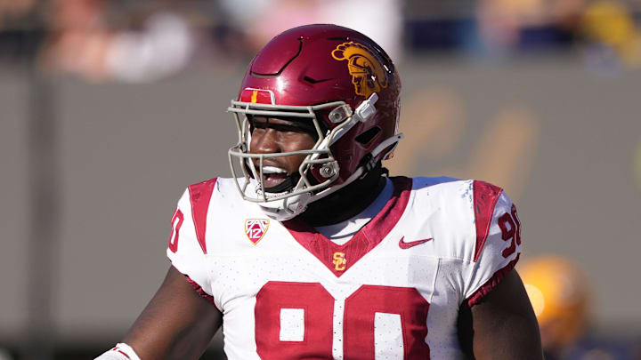 Oct 28, 2023; Berkeley, California, USA; USC Trojans defensive lineman Bear Alexander (90) gestures during the third quarter against the California Golden Bears at California Memorial Stadium. Oct 28, 2023; Berkeley, California, USA; USC Trojans defensive lineman Bear Alexander (90) gestures during the third quarter against the California Golden Bears at California Memorial Stadium.