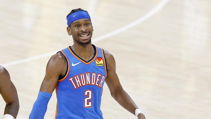 Jun 22, 2025; Oklahoma City, Oklahoma, USA; Oklahoma City Thunder guard Shai Gilgeous-Alexander (2) reacts after a play against the Indiana Pacers during the second half of game seven of the 2025 NBA Finals at Paycom Center. Mandatory Credit: Alonzo Adams-Imagn Images