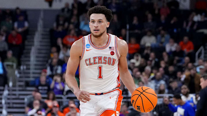 Mar 20, 2025; Providence, RI, USA; Clemson Tigers guard Chase Hunter (1) brings the ball up court against the McNeese State Cowboys during the second half at Amica Mutual Pavilion. Mandatory Credit: Gregory Fisher-Imagn Images Mar 20, 2025; Providence, RI, USA; Clemson Tigers guard Chase Hunter (1) brings the ball up court against the McNeese State Cowboys during the second half at Amica Mutual Pavilion. Mandatory Credit: Gregory Fisher-Imagn Images