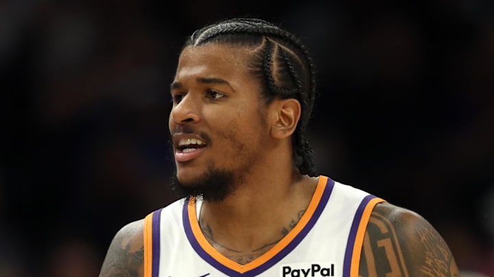 Nov 6, 2025; Phoenix, Arizona, USA; Phoenix Suns guard Jalen Green (4) against the Los Angeles Clippers in the first half at the Mortgage Matchup Center. Mandatory Credit: Mark J. Rebilas-Imagn Images