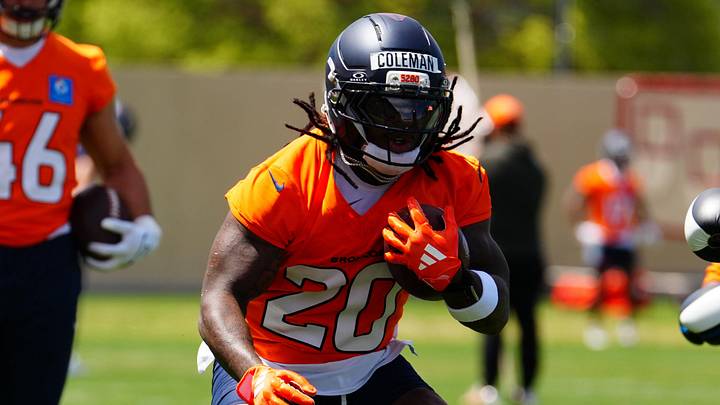 Jun 16, 2026; Englewood, CO, USA; Denver Broncos running back Jonah Coleman (20) during mini camp at Broncos Park. Jun 16, 2026; Englewood, CO, USA; Denver Broncos running back Jonah Coleman (20) during mini camp at Broncos Park.