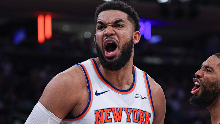 Apr 18, 2026; New York, New York, USA; New York Knicks center Karl-Anthony Towns (32) reacts during the fourth quarter of the 2026 NBA Playoffs against the Atlanta Hawks at Madison Square Garden. Mandatory Credit: Vincent Carchietta-Imagn Images