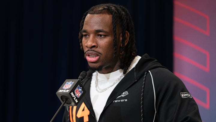 Feb 27, 2026; Indianapolis, IN, USA; Washington running back Jonah Coleman (RB04) speaks to members of the media during the NFL Combine at the Indiana Convention Center. Mandatory Credit: Jacob Musselman-Imagn Images Feb 27, 2026; Indianapolis, IN, USA; Washington running back Jonah Coleman (RB04) speaks to members of the media during the NFL Combine at the Indiana Convention Center. Mandatory Credit: Jacob Musselman-Imagn Images