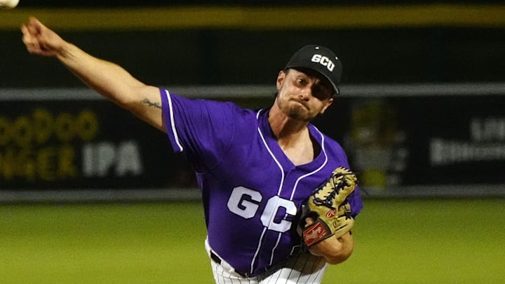 May 26, 2022; Mesa, Arizona; USA; GCU pitcher Nick Hull (5) pitches against Lamar University during