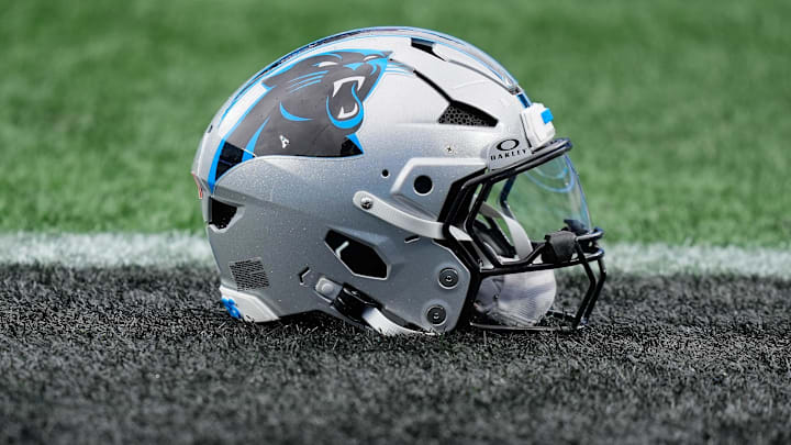 A view of a Carolina Panthers helmet on the field before the game against the Los Angeles Rams 