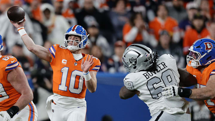 Nov 6, 2025; Denver, Colorado, USA; Denver Broncos quarterback Bo Nix (10) drops back to pass against the Las Vegas Raiders during the first half at Empower Field at Mile High. Mandatory Credit: Isaiah J. Downing-Imagn Images Nov 6, 2025; Denver, Colorado, USA; Denver Broncos quarterback Bo Nix (10) drops back to pass against the Las Vegas Raiders during the first half at Empower Field at Mile High. Mandatory Credit: Isaiah J. Downing-Imagn Images