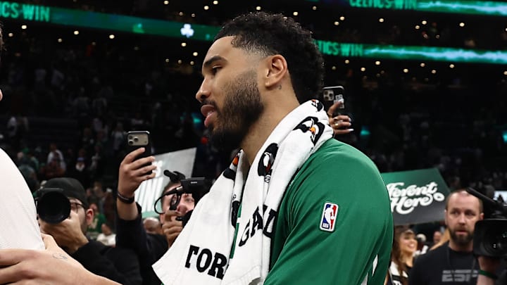 Mar 6, 2026; Boston, Massachusetts, USA; Boston Celtics forward Jayson Tatum (0) and Dallas Mavericks forward Cooper Flagg (32) talk after their game at TD Garden. Mandatory Credit: Winslow Townson-Imagn Images