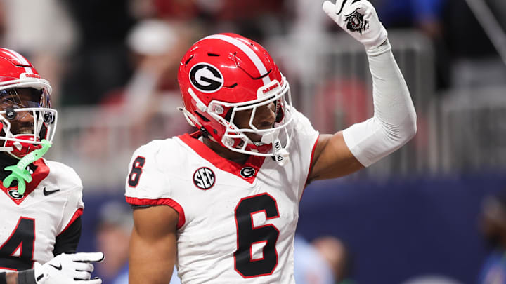 Dec 6, 2025; Atlanta, GA, USA; Georgia Bulldogs defensive back Daylen Everette (6) celebrates an interception during the second quarter against the Alabama Crimson Tide during the 2025 SEC Championship game at Mercedes-Benz Stadium. Mandatory Credit: Brett Davis-Imagn Images