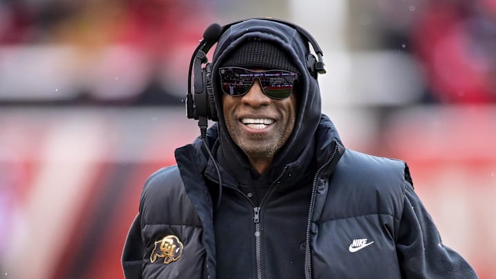 Nov 25, 2023; Salt Lake City, Utah, USA; Colorado Buffaloes head coach Deion 'Coach Prime' Sanders on the field against the Utah Utes at Rice-Eccles Stadium. 