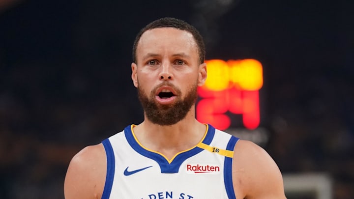 Apr 15, 2025; San Francisco, California, USA; Golden State Warriors guard Stephen Curry (30) looks for a foul call after a play against the Memphis Grizzlies in the first quarter at the Chase Center. Mandatory Credit: Cary Edmondson-Imagn Images