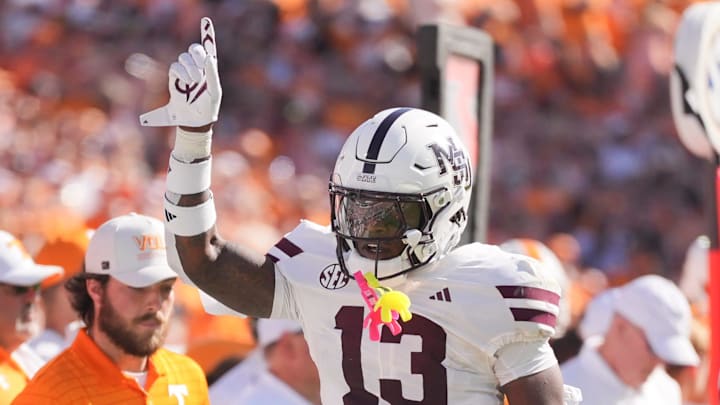 Mississippi State safety Jahron Manning (13) celebrates a missed catch by Tennessee wide receiver Braylon Staley (14)during a college football game between Tennessee and Mississippi State at Davis Wade Stadium in Starkville, Miss.