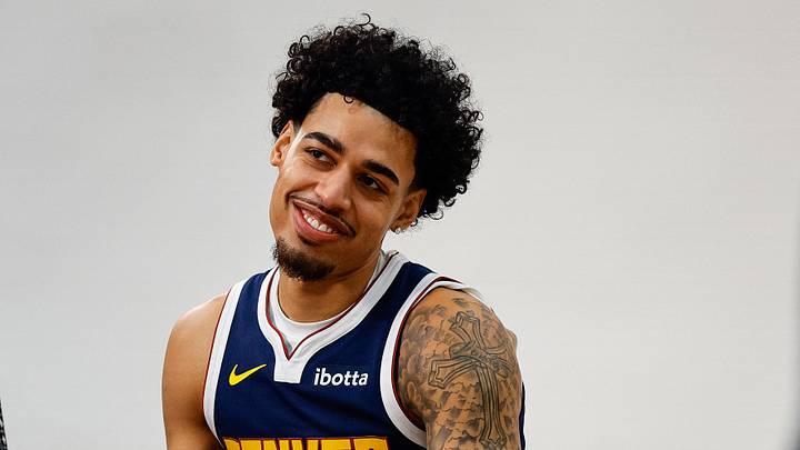 Sep 28, 2026; Denver, CO, USA; Denver Nuggets guard Julian Strawther (1) during media day at Ball Arena. Mandatory Credit: Isaiah J. Downing-Imagn Images