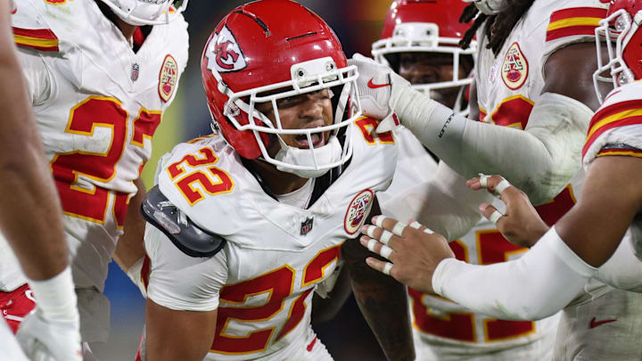 Oct 6, 2025; Jacksonville, Florida, USA; Kansas City Chiefs cornerback Trent McDuffie (22) celebrates after an interception during the second half against the Jacksonville Jaguars at EverBank Stadium. Mandatory Credit: Nathan Ray Seebeck-Imagn Images