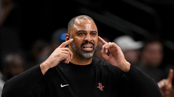 Feb 8, 2025; Dallas, Texas, USA; Houston Rockets head coach Ime Udoka motions to his team during the second half of the game against the Dallas Mavericks at the American Airlines Center. Mandatory Credit: Jerome Miron-Imagn Images