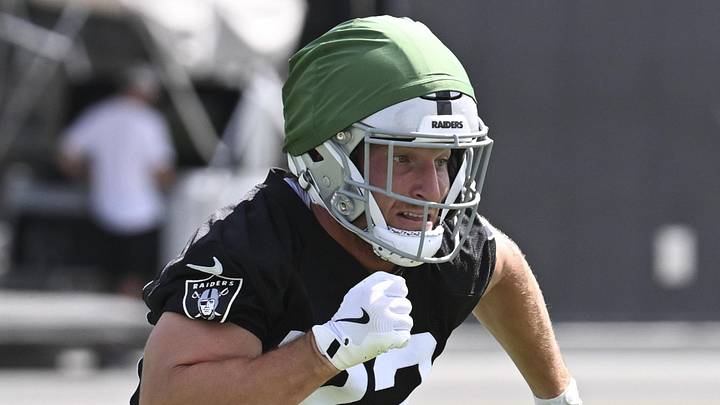 Las Vegas Raiders running back Dylan Laube runs a drill during organized team activities.