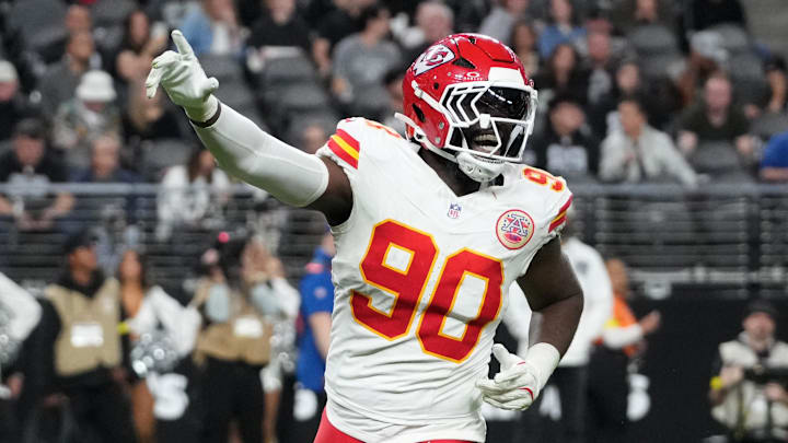 Jan 4, 2026; Paradise, Nevada, USA; Kansas City Chiefs defensive end Charles Omenihu (90) celebrates against the Las Vegas Raiders in the second half at Allegiant Stadium. Mandatory Credit: Kirby Lee-Imagn Images