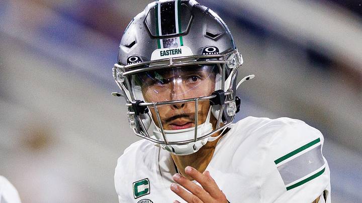 Sep 13, 2025; Lexington, Kentucky, USA; Eastern Michigan Eagles quarterback Noah Kim (1) looks to the sideline during the second quarter against the Kentucky Wildcats at Kroger Field.