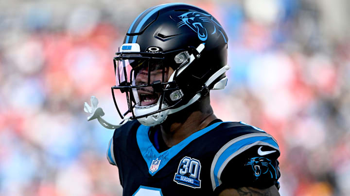 Nov 24, 2024; Charlotte, North Carolina, USA; Carolina Panthers tight end Ja'Tavion Sanders (0) on the field before the game at Bank of America Stadium. Mandatory Credit: Bob Donnan-Imagn Images