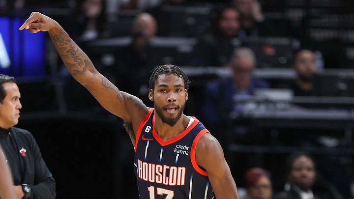 Dec 15, 2022; Houston, Texas, USA; Houston Rockets forward Tari Eason (17) reacts after making a basket during the third quarter against the Miami Heat at Toyota Center. Mandatory Credit: Troy Taormina-USA TODAY Sports