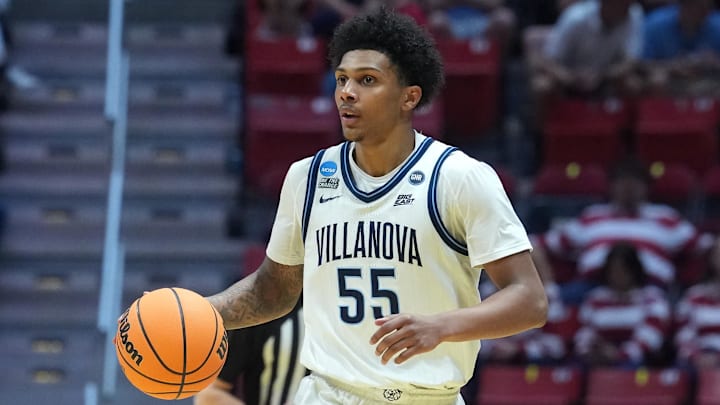 Mar 20, 2026; San Diego, CA, USA; Villanova Wildcats guard Acaden Lewis (55) controls the ball against the Utah State Aggies in the second half during a first round game of the men's 2026 NCAA Tournament at Viejas Arena. Mandatory Credit: Kirby Lee-Imagn Images