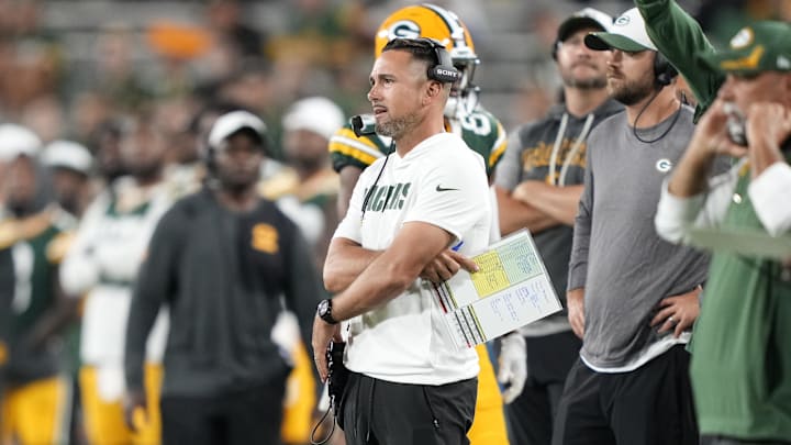 Aug 9, 2025; Green Bay, Wisconsin, USA; Green Bay Packers head coach Matt LaFleur looks on during the second half against the New York Jets at Lambeau Field. Mandatory Credit: Kayla Wolf-Imagn Images