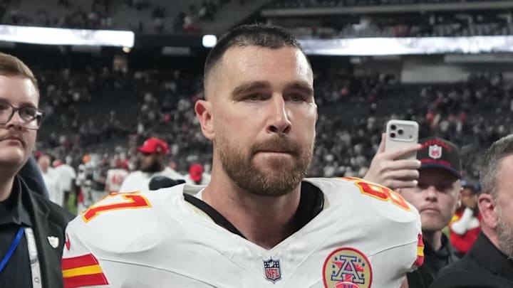 Jan 4, 2026; Paradise, Nevada, USA; Kansas City Chiefs tight end Travis Kelce (87) leaves the field after the game against the Las Vegas Raiders at Allegiant Stadium. Mandatory Credit: Kirby Lee-Imagn Images
