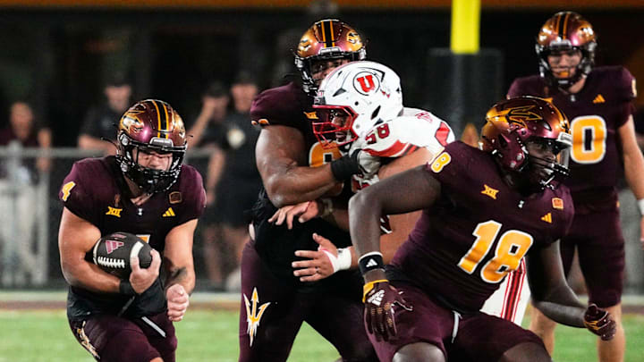 Arizona State Sun Devils running back Cam Skattebo (4) runs for a touchdown against the Utah Utes in the fourth quarter at Mountain America Stadium in Tempe on Oct. 11, 2024.
