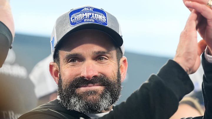 Dec 6, 2025; Charlotte, NC, USA; Duke Blue Devils head coach Manny Diaz celebrates defeating the Virginia Cavaliers during the 2025 ACC Championship game at Bank of America Stadium. Mandatory Credit: Jim Dedmon-Imagn Images