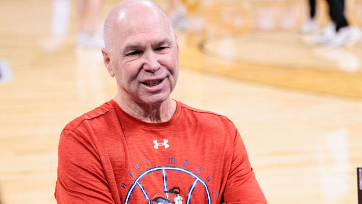 Mar 18, 2026; Oklahoma City, OK, USA; Saint Mary's Gaels head coach Randy Bennett speaks to reporters during a practice session ahead of the first round of the men's 2026 NCAA Tournament at Paycom Center. Mandatory Credit: William Purnell-Imagn Images