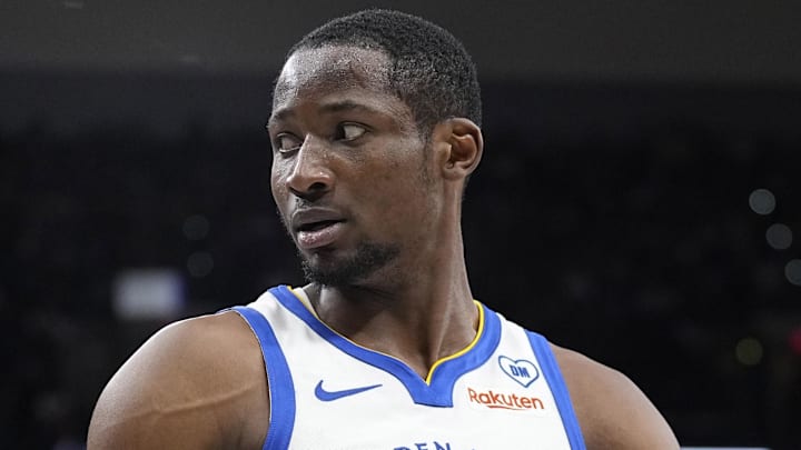 Golden State Warriors forward Jonathan Kuminga (00) reacts to a call by an official during the first half against the San Antonio Spurs at Frost Bank Center on March 11, 2024.