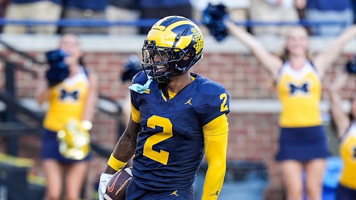 JACKSONVILLE JAGUARS: Michigan defensive back Will Johnson celebrates a touchdown after intercepting USC quarterback Miller Moss during the second half at Michigan Stadium in Ann Arbor on Saturday, Sept. 21, 2024. JACKSONVILLE JAGUARS: Michigan defensive back Will Johnson celebrates a touchdown after intercepting USC quarterback Miller Moss during the second half at Michigan Stadium in Ann Arbor on Saturday, Sept. 21, 2024.