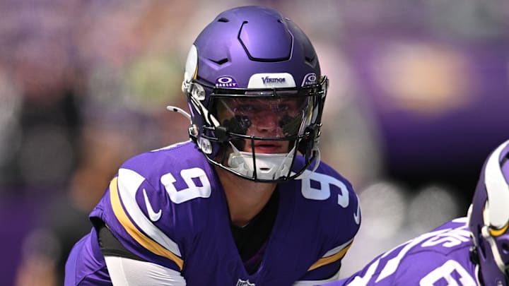 Aug 10, 2024; Minneapolis, Minnesota, USA; Minnesota Vikings quarterback J.J. McCarthy (9) and center Michael Jurgens (65) warm up before the game against the Las Vegas Raiders at U.S. Bank Stadium. Mandatory Credit: Jeffrey Becker-Imagn Images Aug 10, 2024; Minneapolis, Minnesota, USA; Minnesota Vikings quarterback J.J. McCarthy (9) and center Michael Jurgens (65) warm up before the game against the Las Vegas Raiders at U.S. Bank Stadium. Mandatory Credit: Jeffrey Becker-Imagn Images