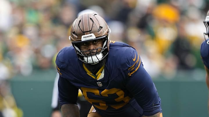 Nov 2, 2025; Green Bay, Wisconsin, USA;  Green Bay Packers offensive tackle Rasheed Walker (63) during the game against the Carolina Panthers at Lambeau Field. Mandatory Credit: Jeff Hanisch-Imagn Images