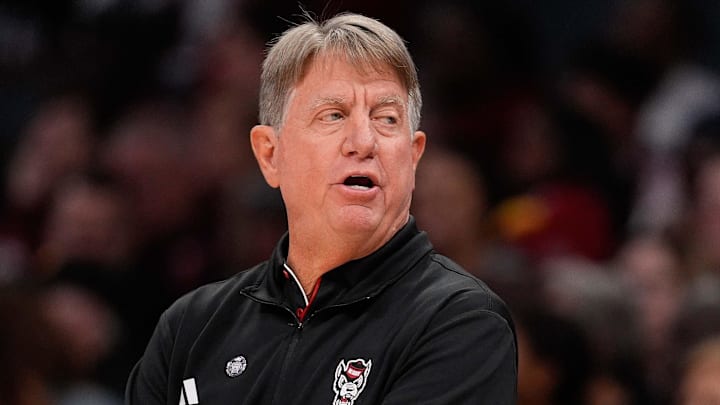 Nov 10, 2024; Charlotte, NC, USA; NC State Wolfpack head coach Wes Moore during the first half of the Ally Tip Off at Spectrum Center. Mandatory Credit: Jim Dedmon-Imagn Images Nov 10, 2024; Charlotte, NC, USA; NC State Wolfpack head coach Wes Moore during the first half of the Ally Tip Off at Spectrum Center. Mandatory Credit: Jim Dedmon-Imagn Images