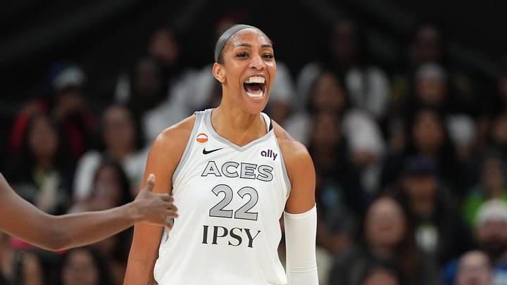 May 3, 2026; Austin, TX, USA; Las Vegas Aces center A’ja Wilson (22) reacts after scoring while drawing a foul during the first half against the Dallas Wings at Moody Center. Mandatory Credit: Scott Wachter-Imagn Images