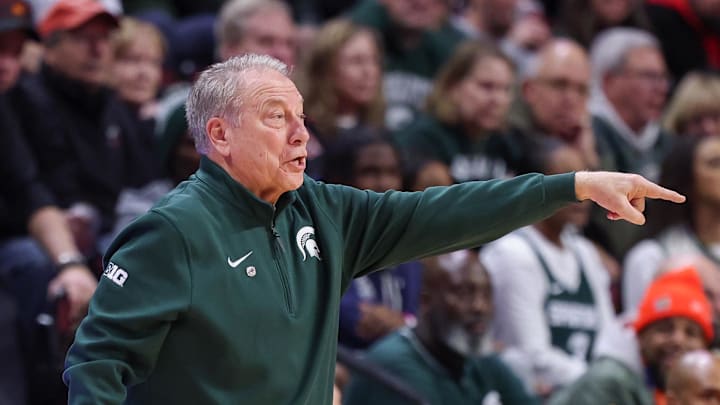 Jan 27, 2026; Piscataway, New Jersey, USA; Michigan State Spartans head coach Tom Izzo reacts during the first half against the Rutgers Scarlet Knights at Jersey Mike's Arena. Mandatory Credit: Vincent Carchietta-Imagn Images