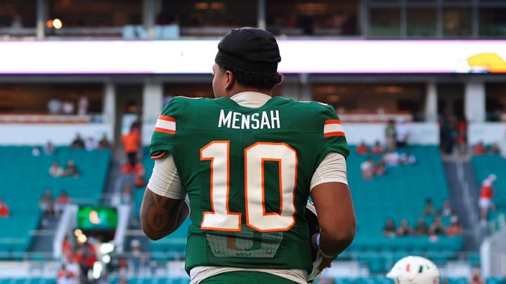 Sep 26, 2026; Miami Gardens, Florida, USA; Miami Hurricanes quarterback Darian Mensah (10) runs in the end zone before the game against the Central Michigan Chippewas at Hard Rock Stadium. Mandatory Credit: Sam Navarro-Imagn Images Sep 26, 2026; Miami Gardens, Florida, USA; Miami Hurricanes quarterback Darian Mensah (10) runs in the end zone before the game against the Central Michigan Chippewas at Hard Rock Stadium. Mandatory Credit: Sam Navarro-Imagn Images