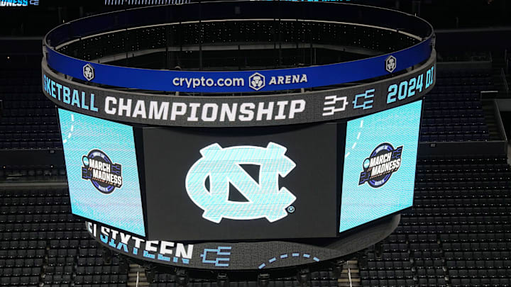 Mar 27, 2024; Los Angeles, CA, USA; The North Carolina Tar Heels logo on the video board during practice prior to NCAA Tournament at West Regional at Crypto.com Arena. Mandatory Credit: Kirby Lee-Imagn Images