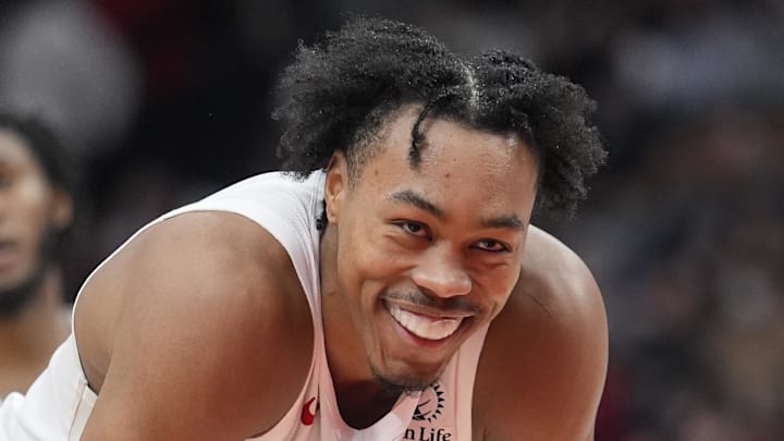 Toronto Raptors guard Scottie Barnes reacts after dunking the ball against the New York Knicks.