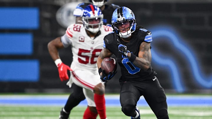 Nov 23, 2025; Detroit, Michigan, USA; Detroit Lions running back Jahmyr Gibbs (0) runs the ball for a touchdown in over time against the New York Giants at Ford Field. 
