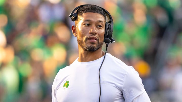 Notre Dame coach Marcus Freeman against the Boise State Broncos at Notre Dame Stadium. Notre Dame coach Marcus Freeman against the Boise State Broncos at Notre Dame Stadium.
