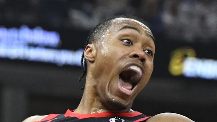 Toronto Raptors forward Scottie Barnes reacts after a dunk against the Cleveland Cavaliers.